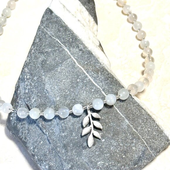 White Moonstone Silver Leaf Branch Necklace, Genuine Gemstone Beaded Choker - Picture 6 of 13